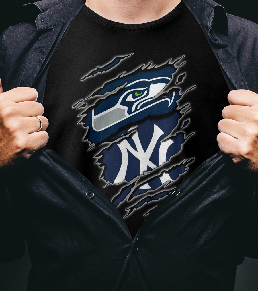 Seattle Seahawks New York Yankees Nfl Mlb Crossover Logo Fusion T-Shirt