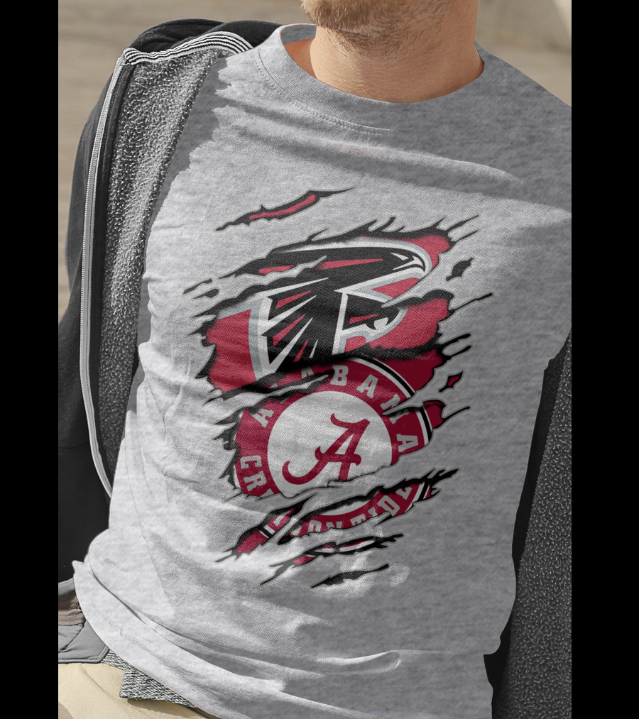 Alabama Crimson Tide And Atlanta Falcons Ripped Logo Combo T-Shirt