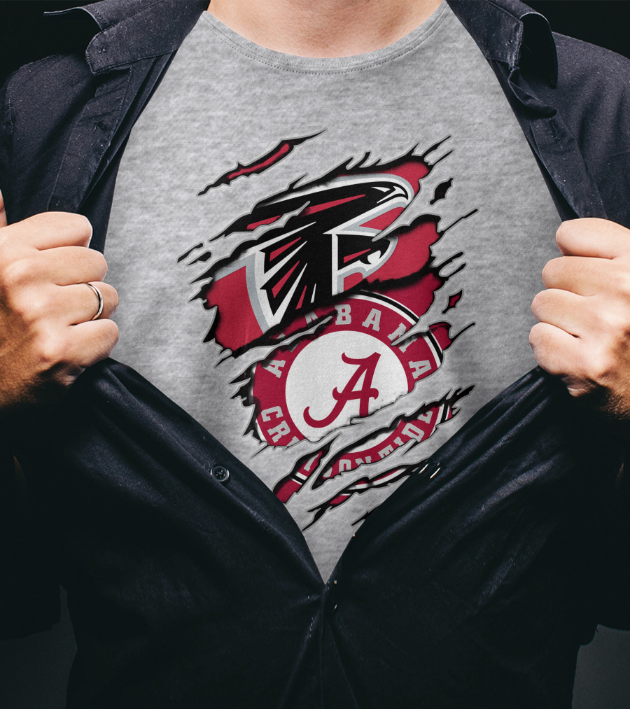 Alabama Crimson Tide And Atlanta Falcons Ripped Logo Combo T-Shirt