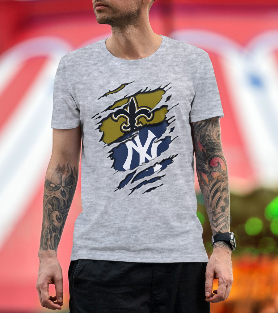 Saints Yankees Fleur-de-Lis and Interlocking NY Symbol Torn T-Shirt