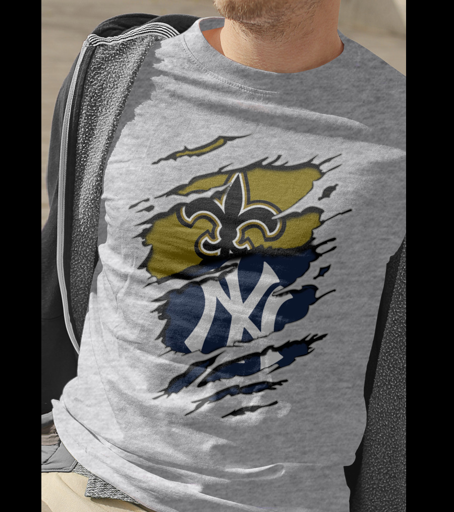Saints Yankees Fleur-de-Lis And Interlocking NY Symbol Torn T-Shirt