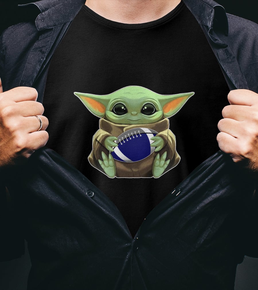 Yoda Baby Holding Blue And White Football T-Shirt