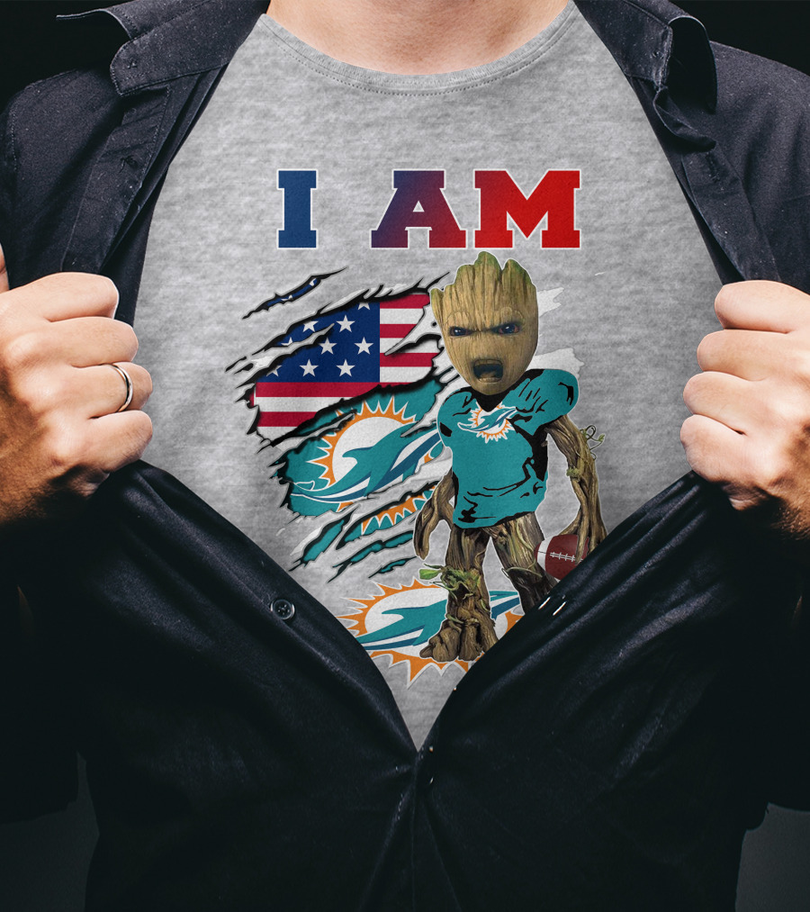 I Am Dolphins Football Groot American Flag T-Shirt
