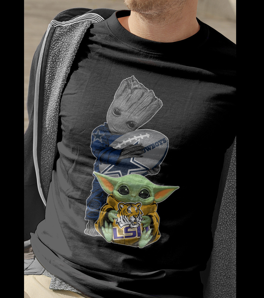 Groot Holding Cowboys Football With Baby Yoda In Lsu Attire T-Shirt