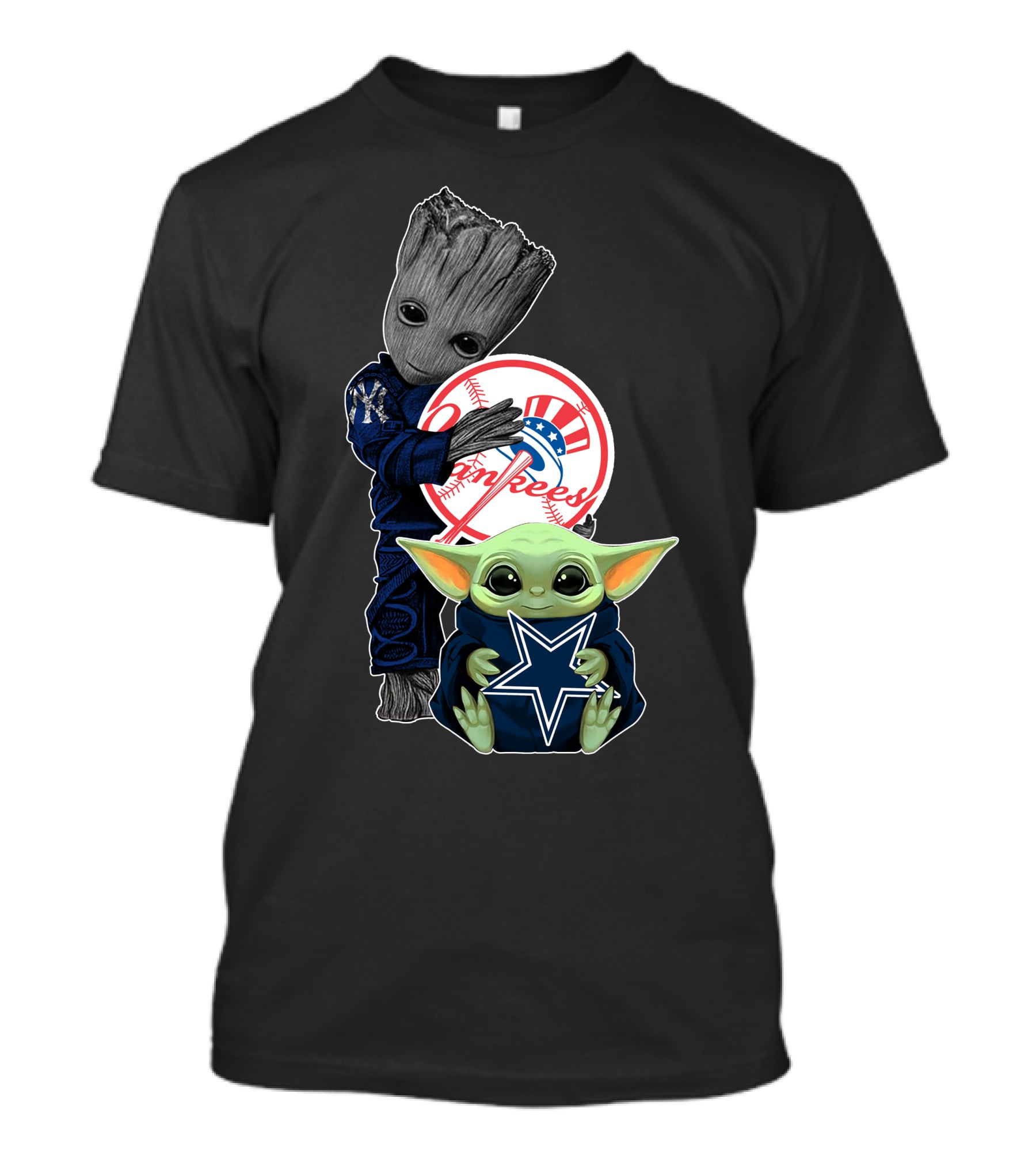 Groot And Baby Yoda With Yankees And Cowboys Logos T-Shirt