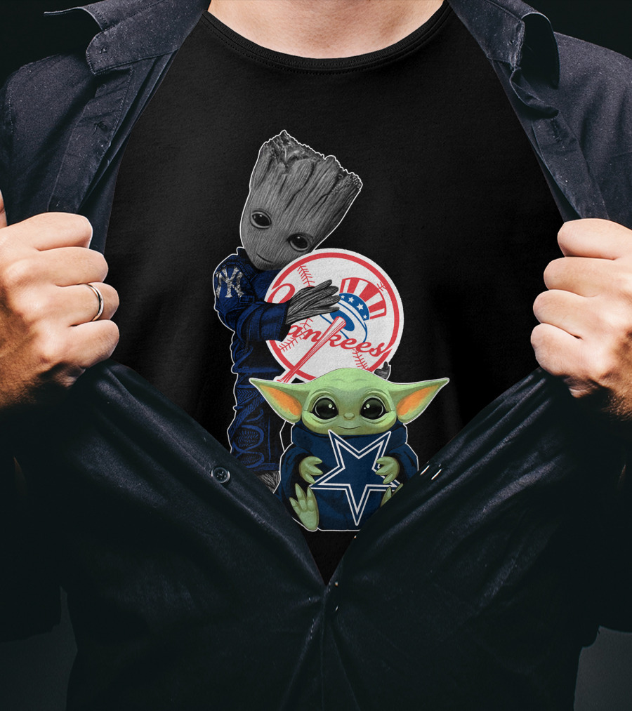 Groot And Baby Yoda With Yankees And Cowboys Logos T-Shirt