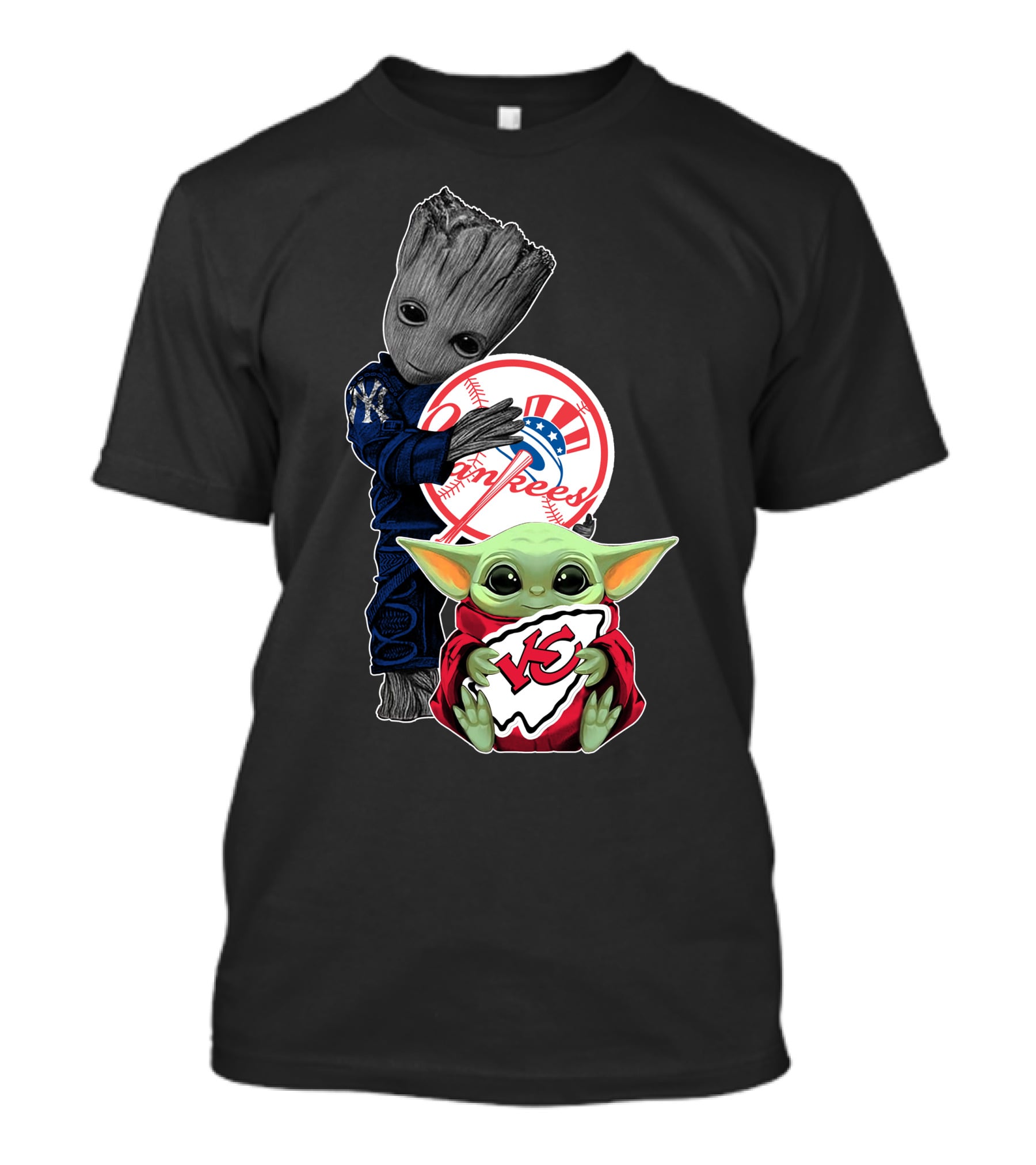 Yankees And Chiefs Baby Groot Mandalorian Mashup T-Shirt