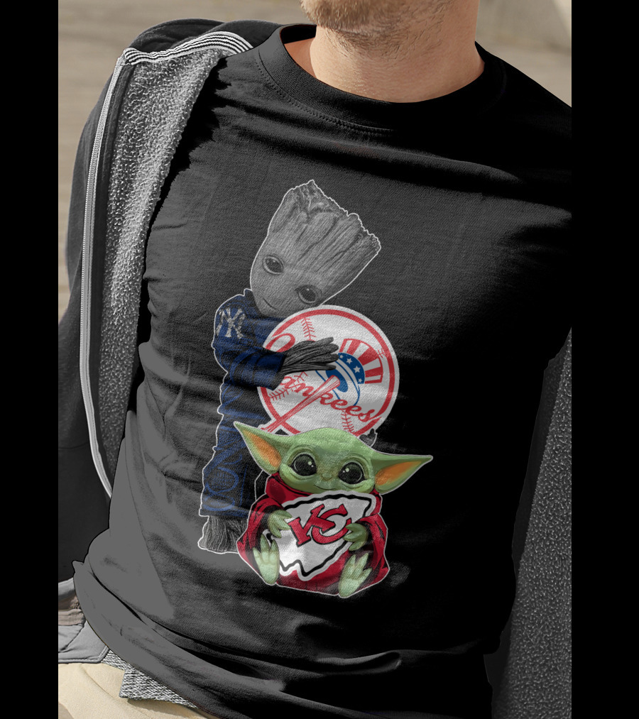 Yankees And Chiefs Baby Groot Mandalorian Mashup T-Shirt