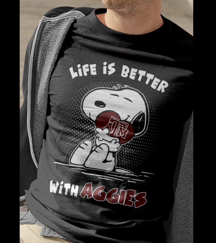Life Is Better With Aggies Texas A&M Snoopy Hugging Football T-Shirt