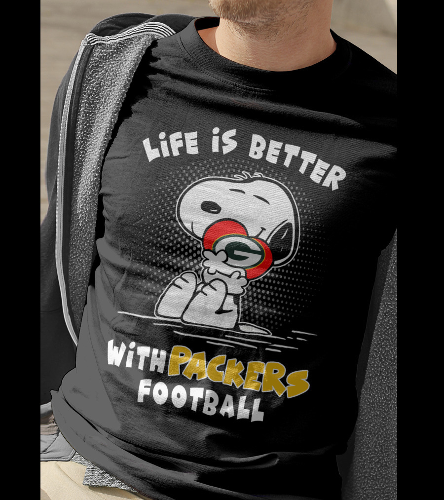 Life Is Better With Packers Football Snoopy Hugging Packers Helmet T-Shirt
