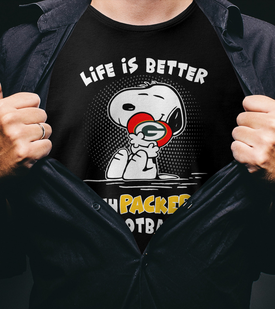 Life Is Better With Packers Football Snoopy Hugging Packers Helmet T-Shirt