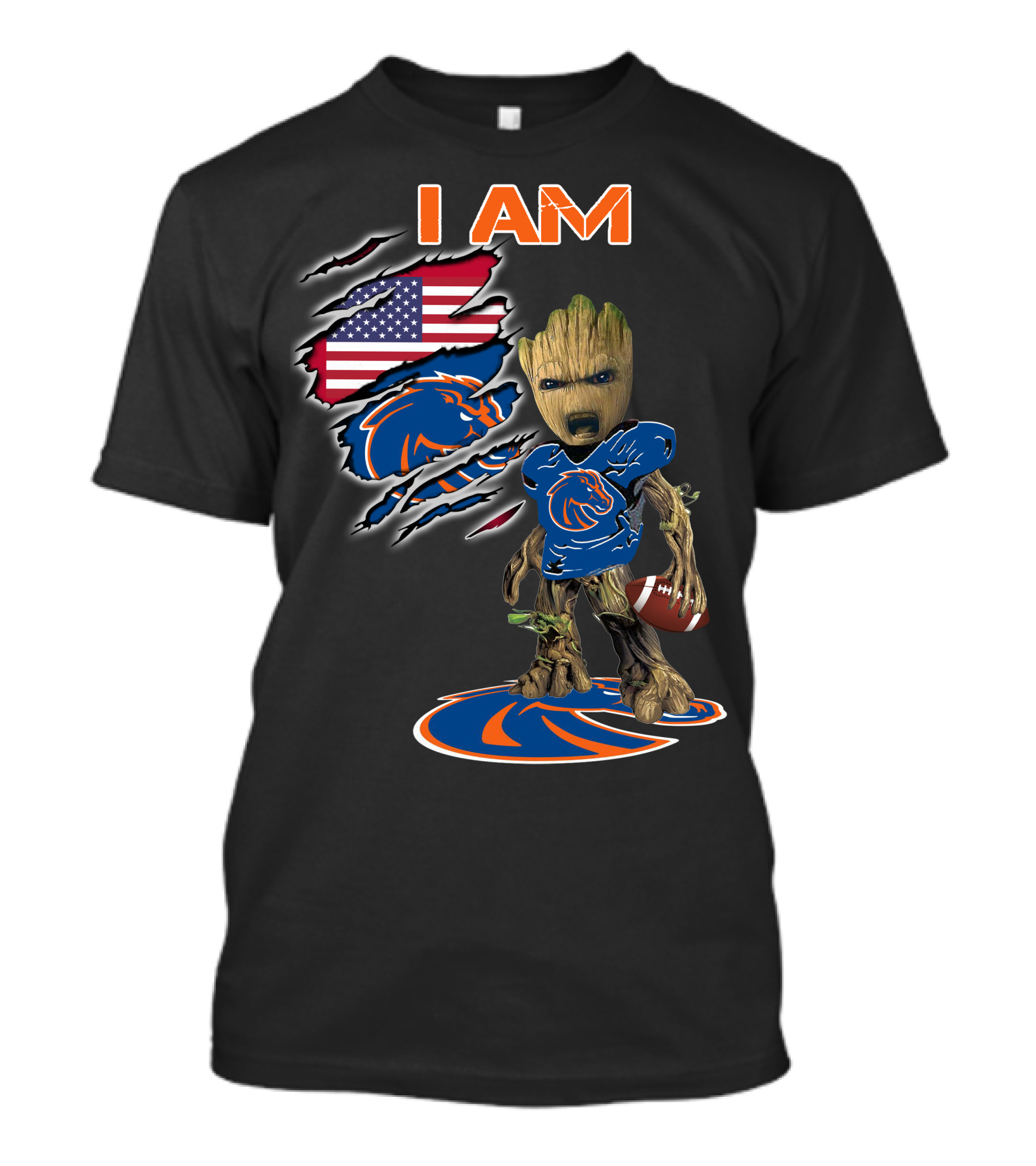I Am Boise State Broncos Baby Groot Football American Flag T-Shirt