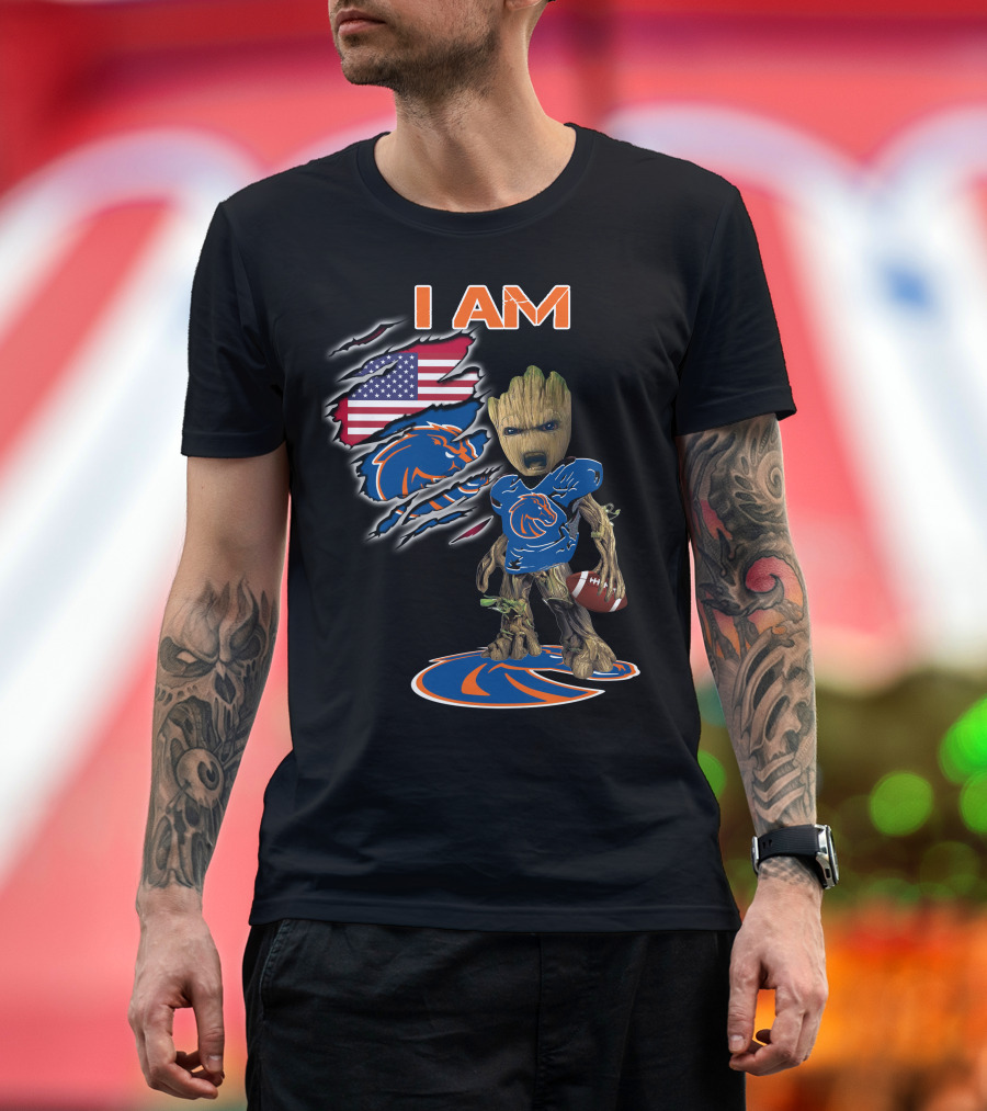 I Am Boise State Broncos Baby Groot Football American Flag T-Shirt