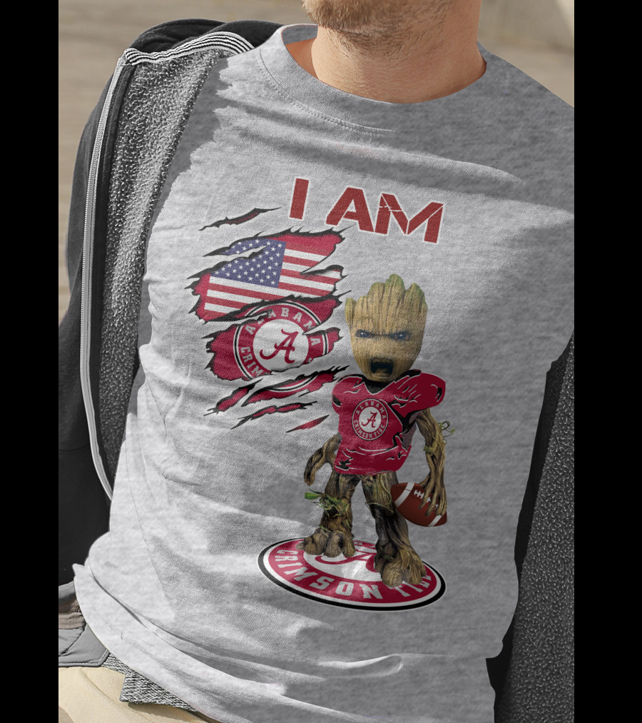 I Am Alabama Crimson Tide Baby Groot Football T-Shirt