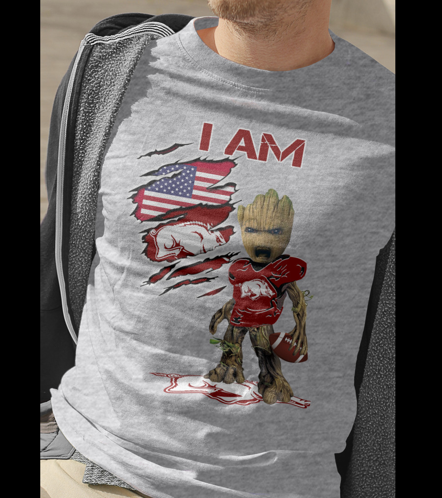 I Am Arkansas Baby Groot Razorbacks Football USA Flag T-Shirt