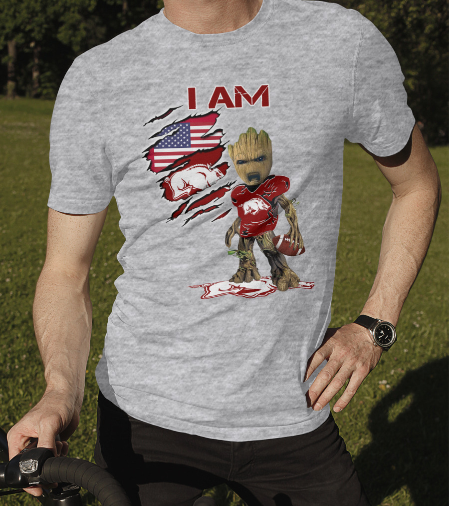 I Am Arkansas Baby Groot Razorbacks Football USA Flag T-Shirt