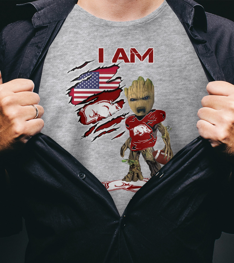 I Am Arkansas Baby Groot Razorbacks Football USA Flag T-Shirt