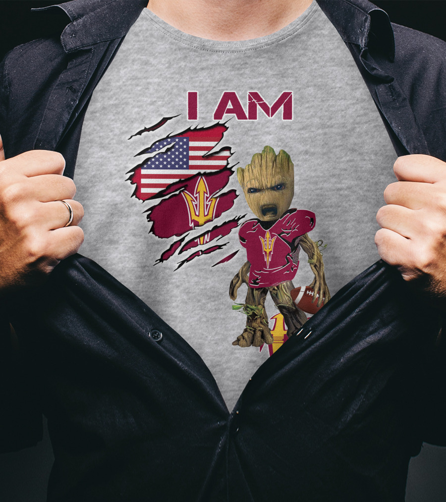 I Am Asu Baby Groot Arizona State University Football Fan Art American Flag T-Shirt