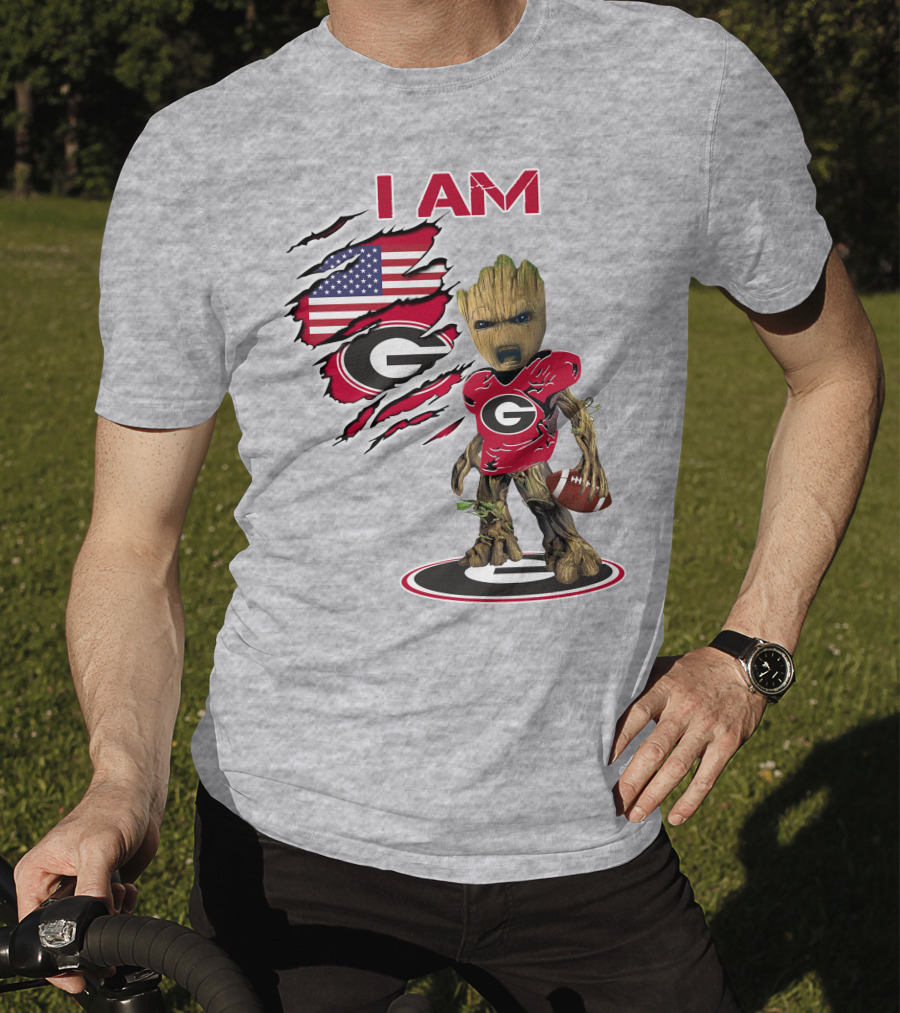 I AM Bulldogs Baby Groot Football Fan USA Flag T-Shirt