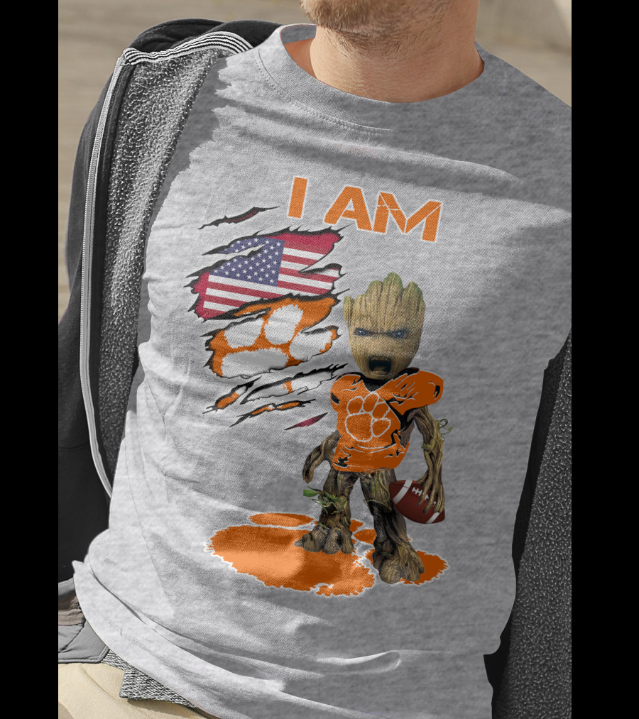 I AM Clemsons Baby Groot American Flag Football Paw Prints T-Shirt
