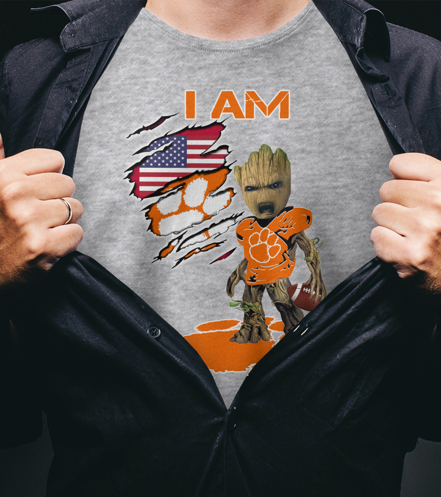 I AM Clemsons Baby Groot American Flag Football Paw Prints T-Shirt