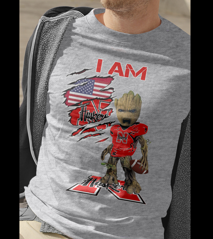 I Am Husker Baby Groot Football USA Flag T-Shirt