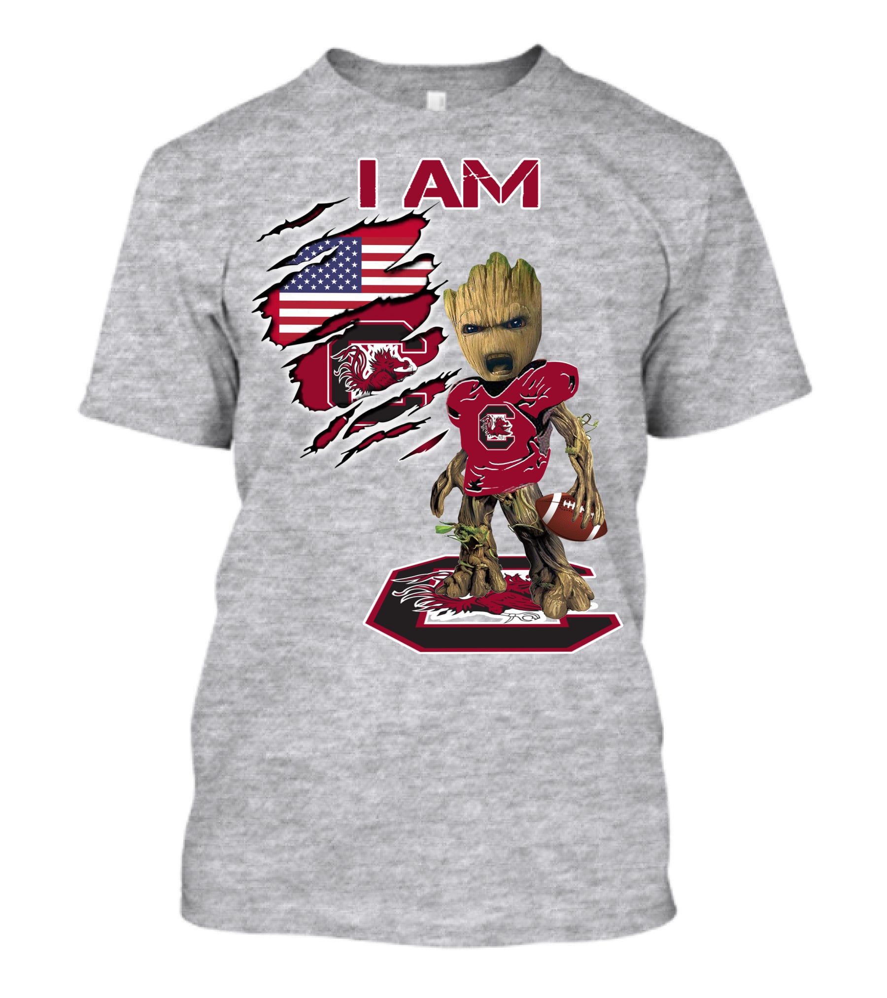 I Am Gamecocks Baby Groot Football American Flag T-Shirt
