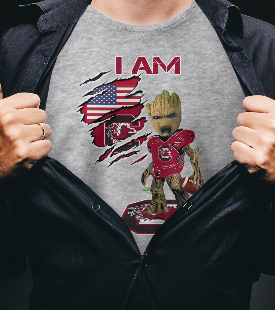 I Am Gamecocks Baby Groot Football American Flag T-Shirt