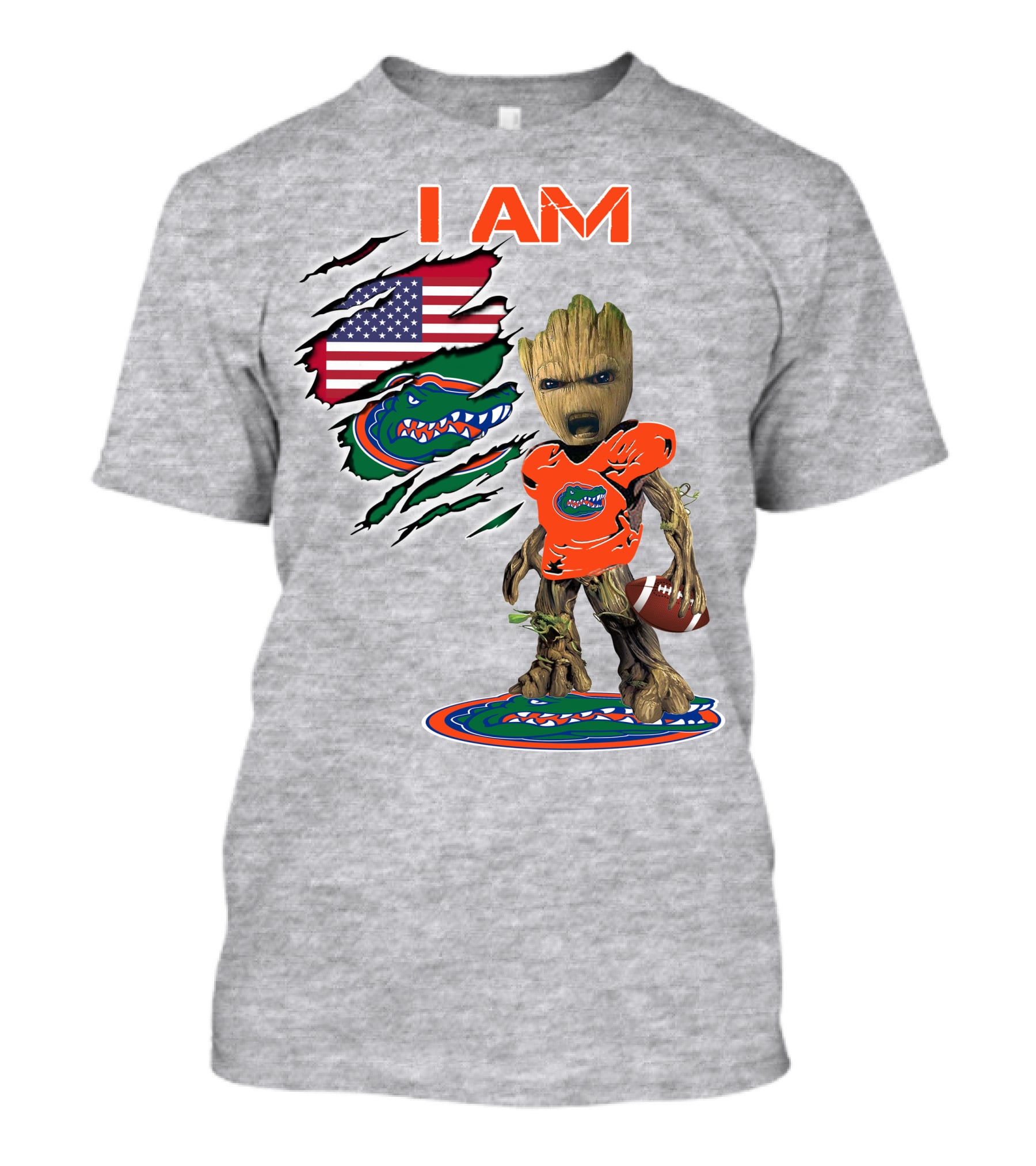 I Am Gators Baby Groot Holding Football With American Flag And Florida Gators T-Shirt