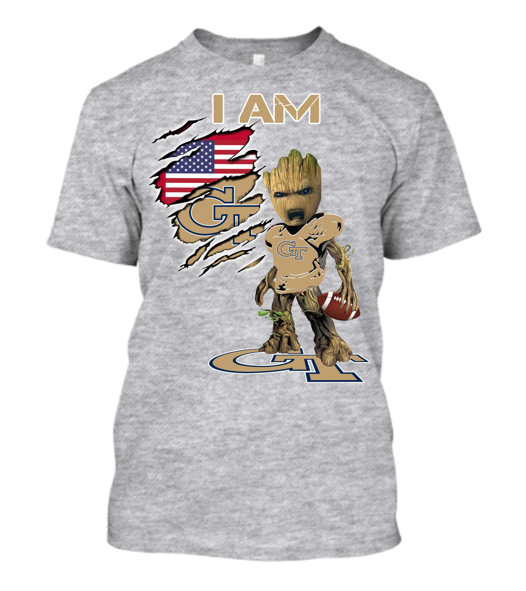 I Am Georgia Tech GT Baby Groot American Flag Football T-Shirt