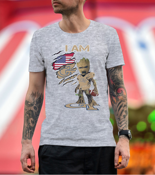 Premium T-Shirt: I Am Georgia Tech GT Baby Groot American Flag Football T-Shirt I Am Georgia Tech GT Baby Groot American Flag Football T-Shirt
