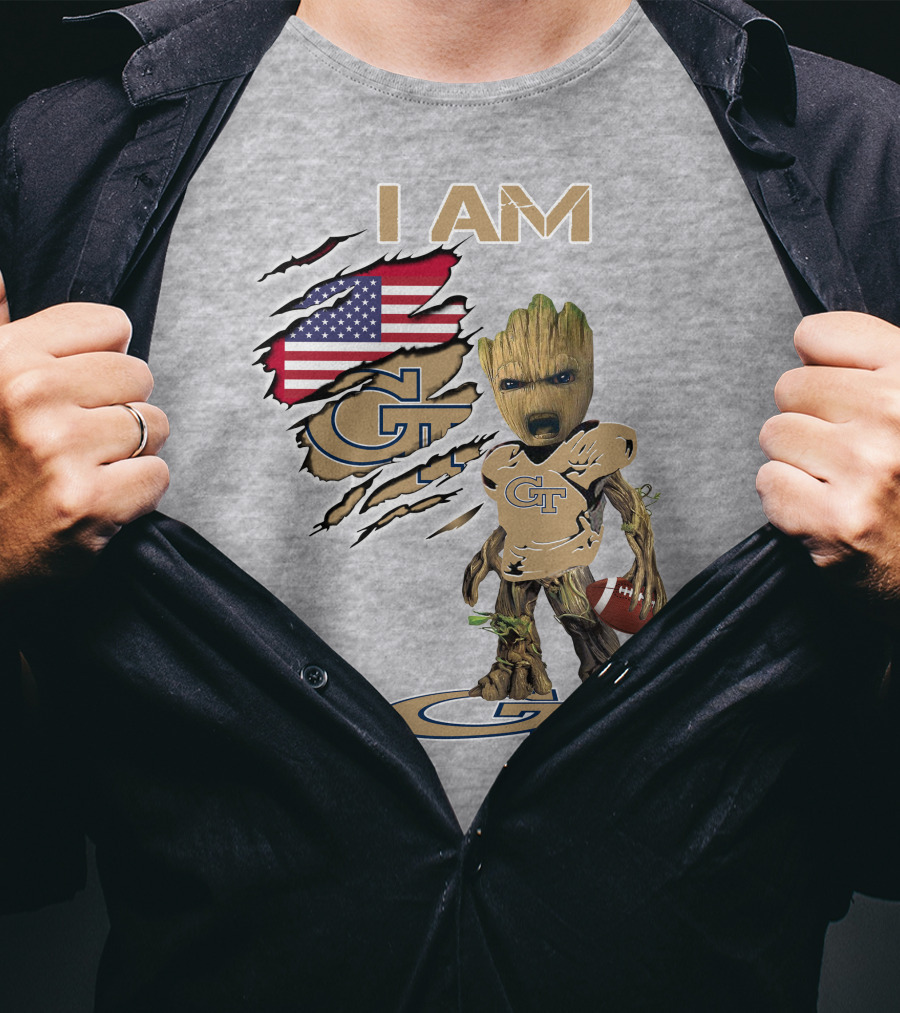 I Am Georgia Tech GT Baby Groot American Flag Football T-Shirt