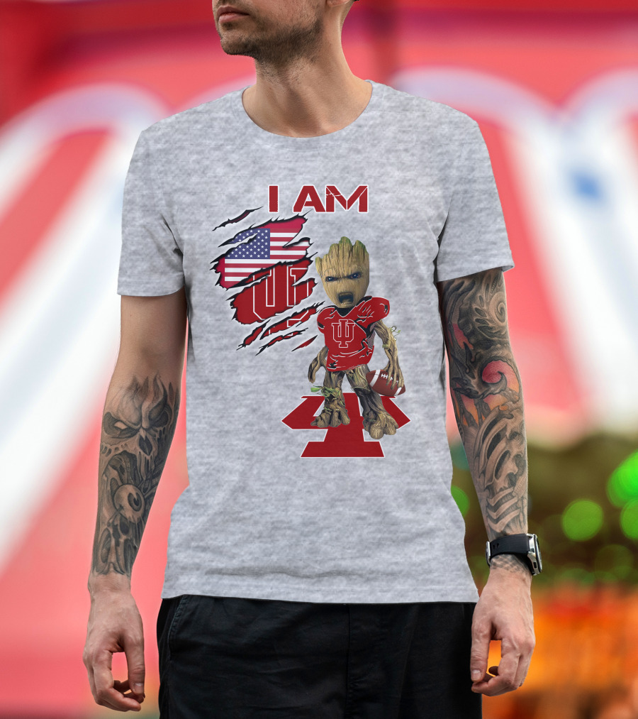 I Am Iu Hoosiers Baby Groot American Flag Football T-Shirt