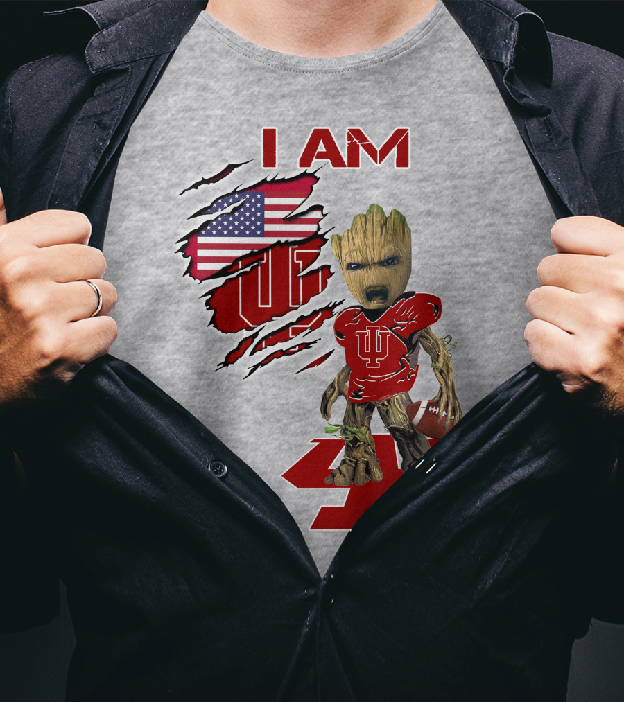 I Am Iu Hoosiers Baby Groot American Flag Football T-Shirt