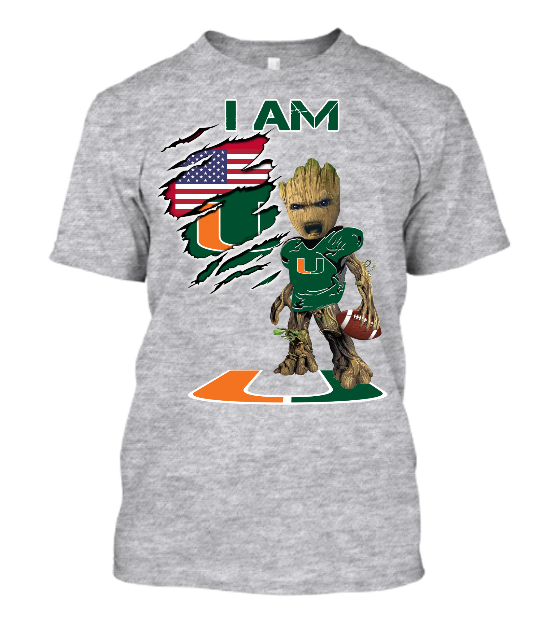 I AM Baby Groot Miami Hurricanes Football USA Flag T-Shirt