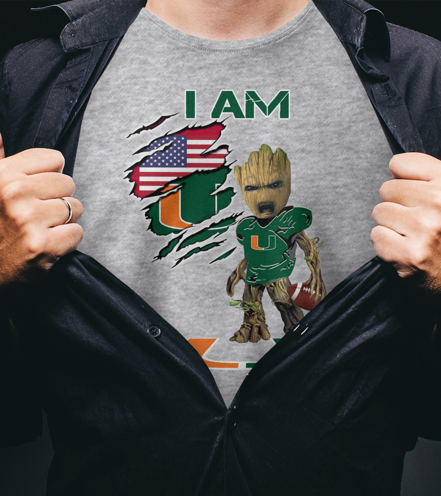 I AM Baby Groot Miami Hurricanes Football USA Flag T-Shirt