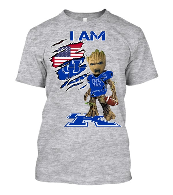 I AM Kentucky Baby Groot Football UK Logo American Flag T-Shirt