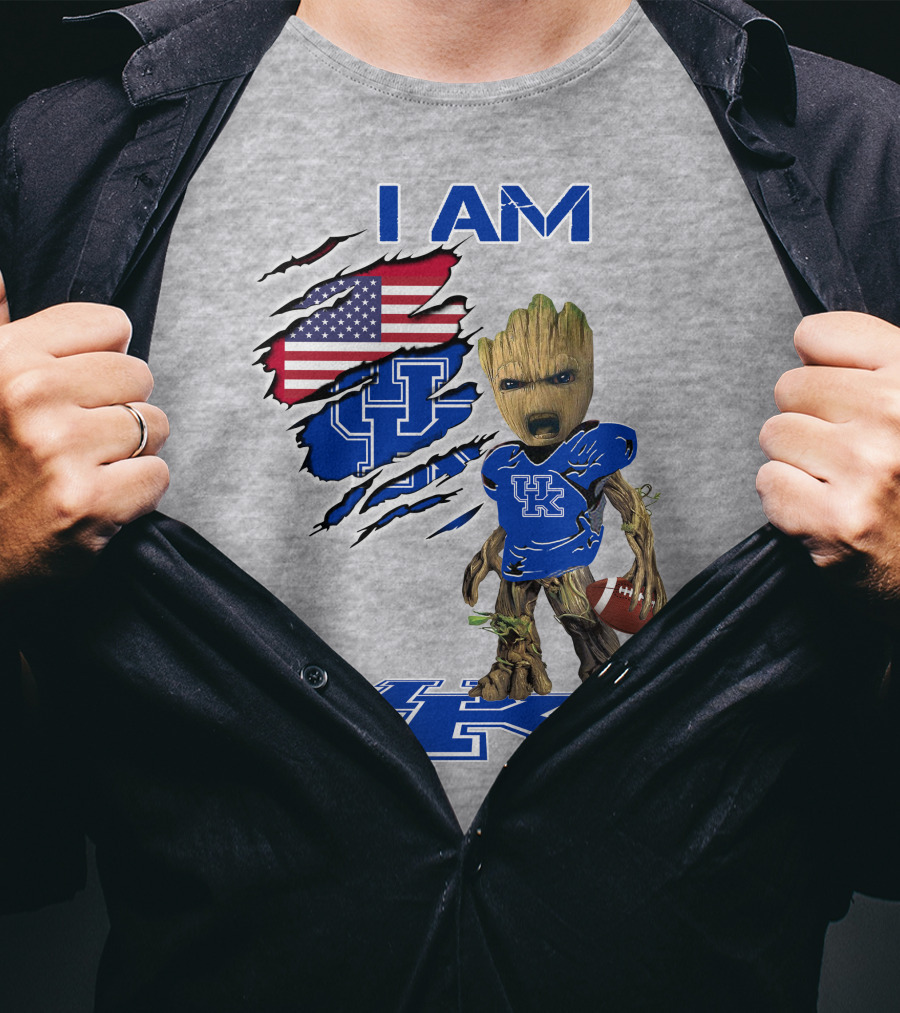 I AM Kentucky Baby Groot Football UK Logo American Flag T-Shirt