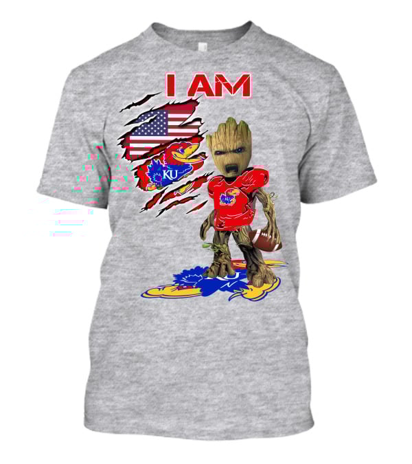 I AM KU Baby Groot Kansas Jayhawks Football Patriotic American Flag T-Shirt