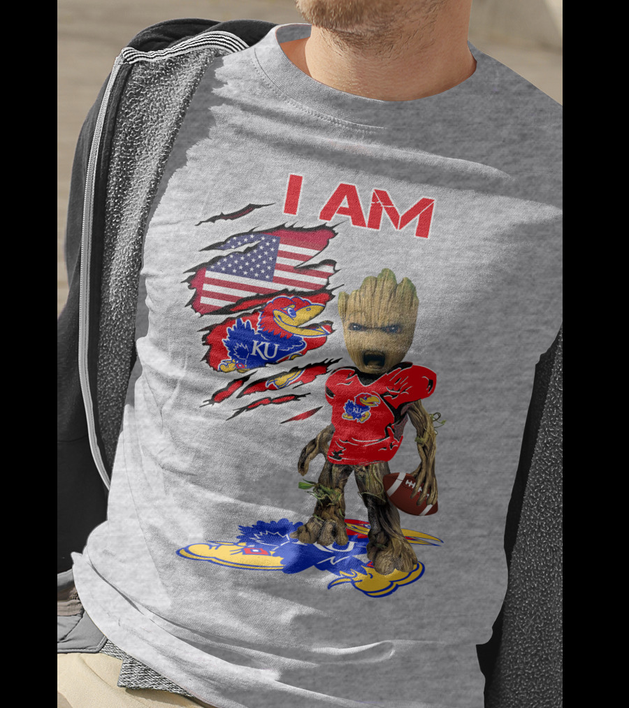 I AM KU Baby Groot Kansas Jayhawks Football Patriotic American Flag T-Shirt