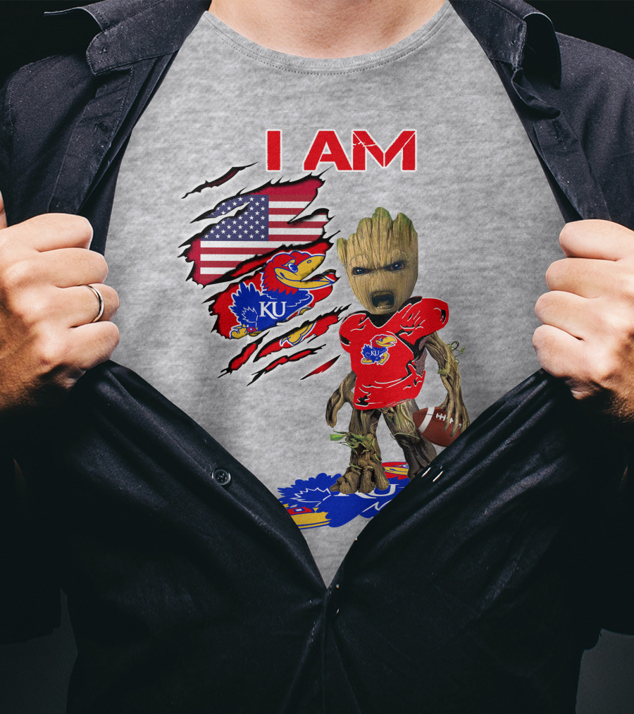 I AM KU Baby Groot Kansas Jayhawks Football Patriotic American Flag T-Shirt