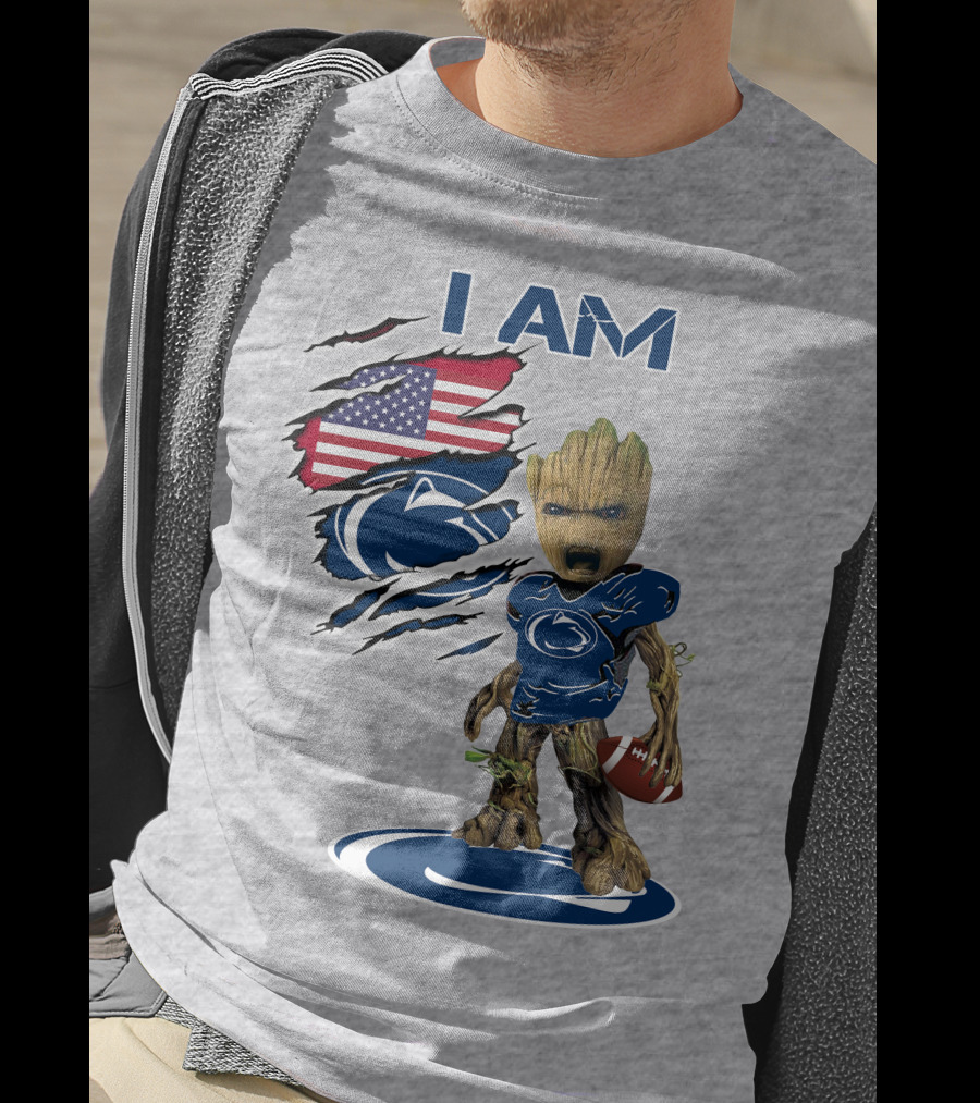I Am Penn State Baby Groot American Flag Football T-Shirt