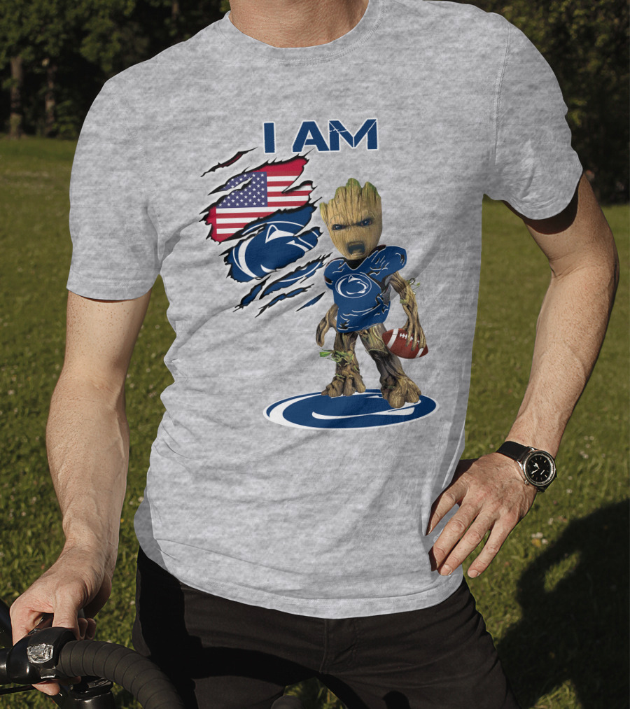 I Am Penn State Baby Groot American Flag Football T-Shirt