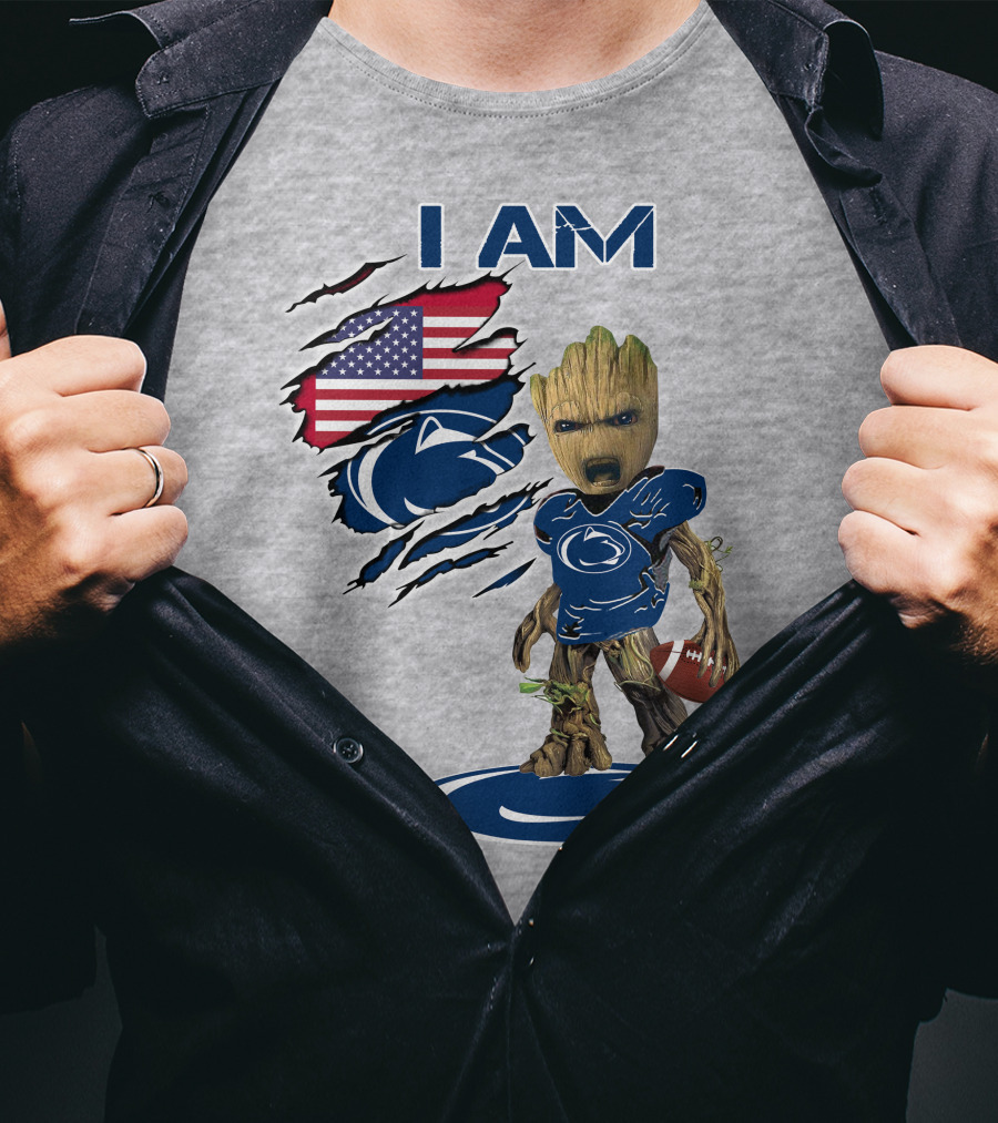 I Am Penn State Baby Groot American Flag Football T-Shirt