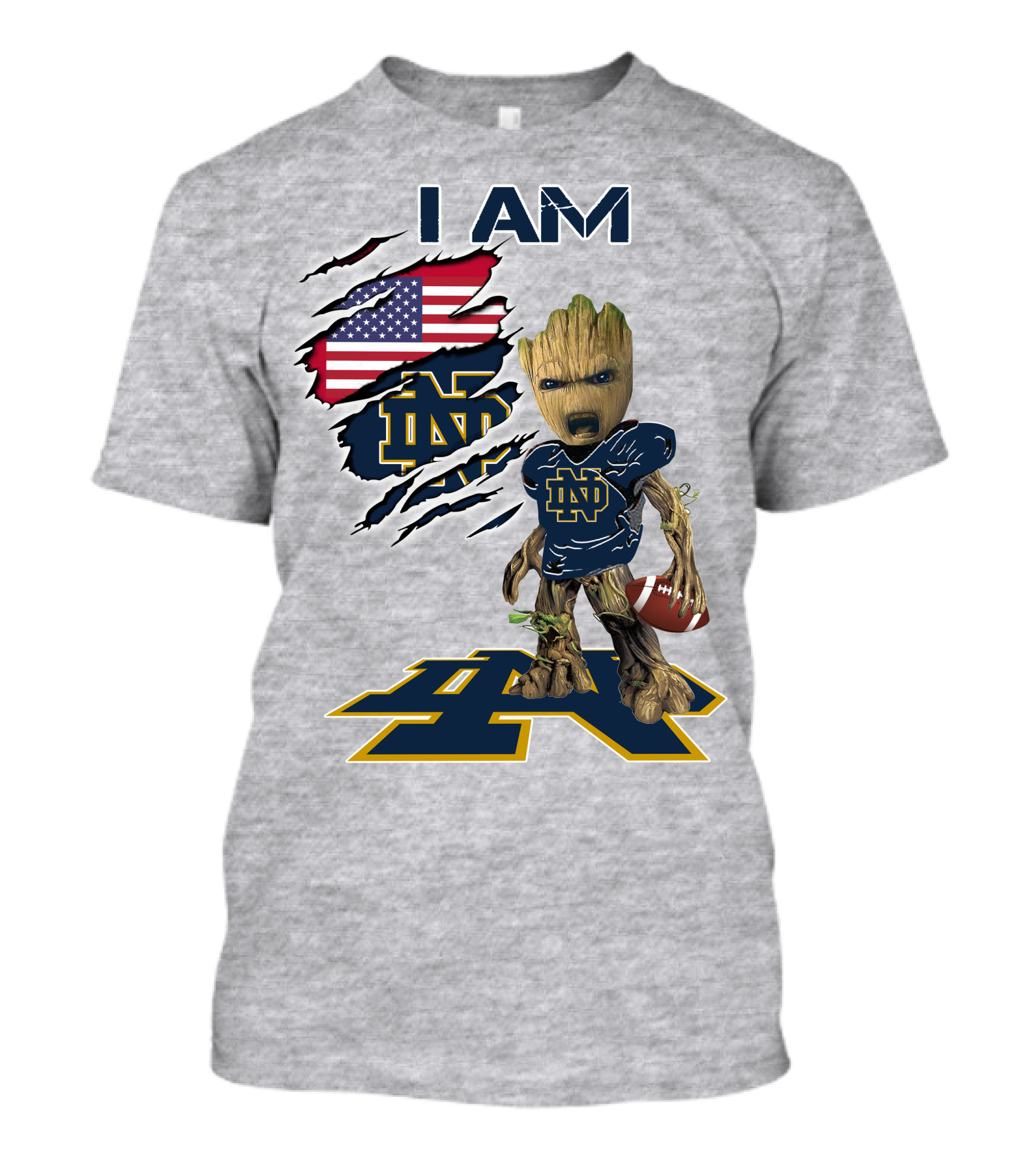 I Am Notre Dame Baby Groot American Flag Football T-Shirt