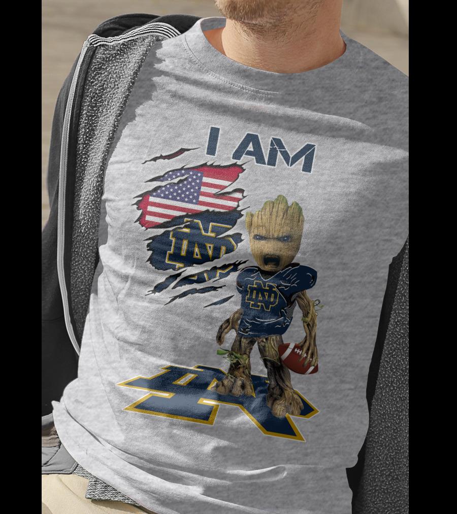 I Am Notre Dame Baby Groot American Flag Football T-Shirt