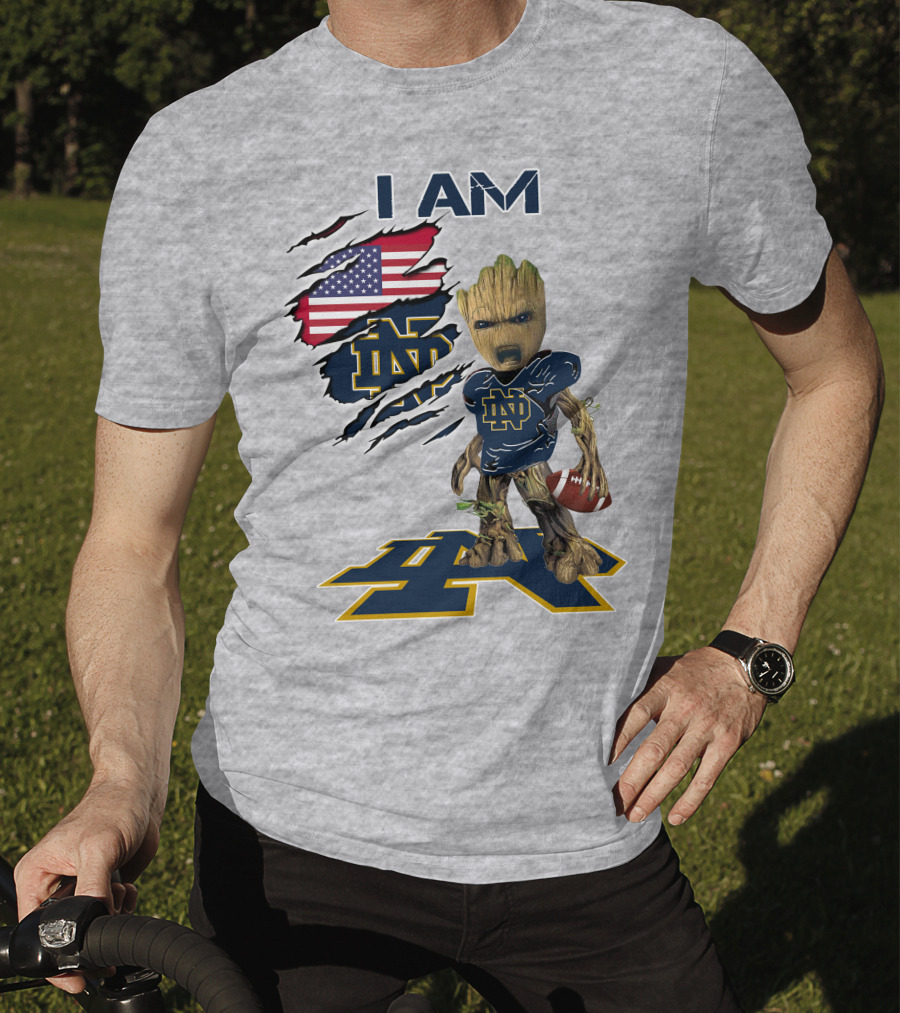 I Am Notre Dame Baby Groot American Flag Football T-Shirt