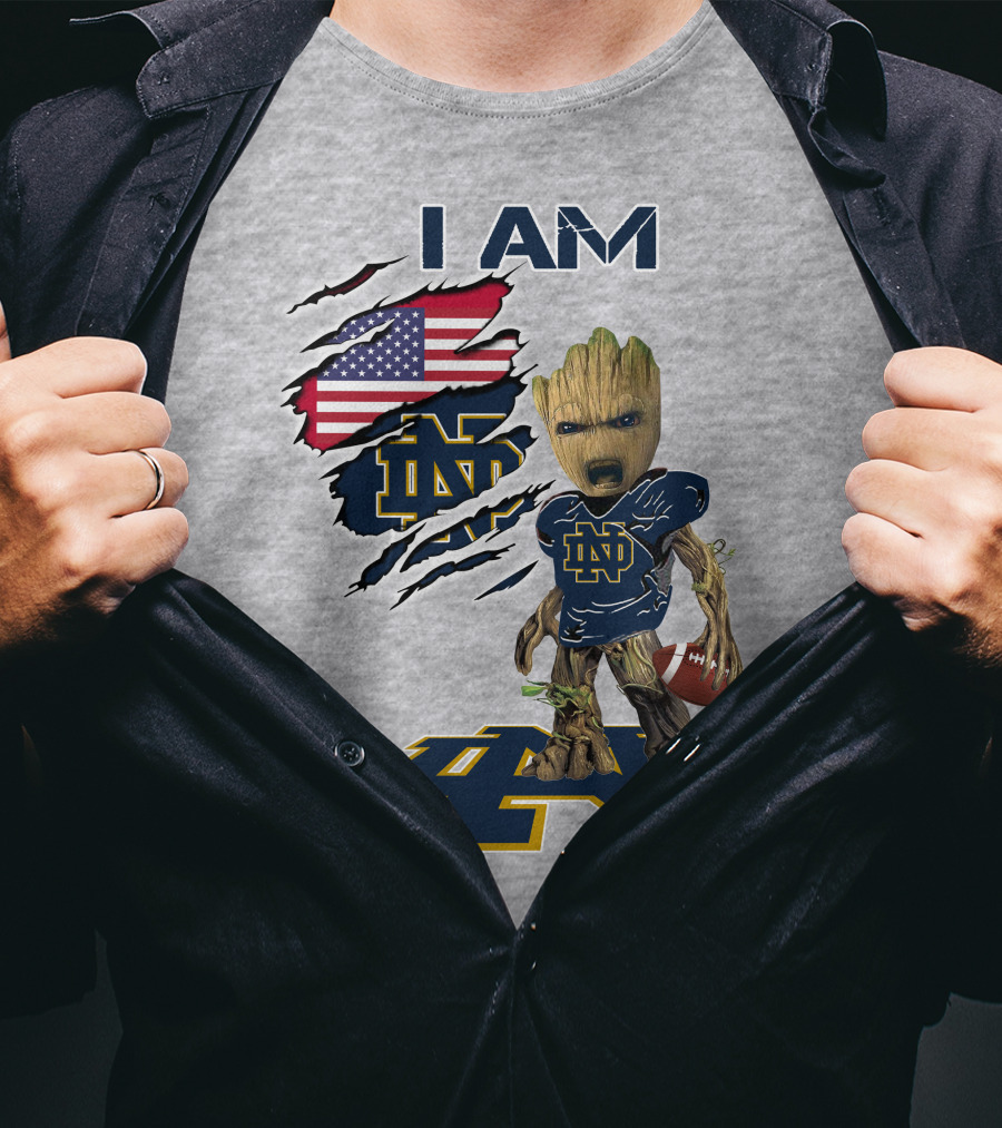 I Am Notre Dame Baby Groot American Flag Football T-Shirt