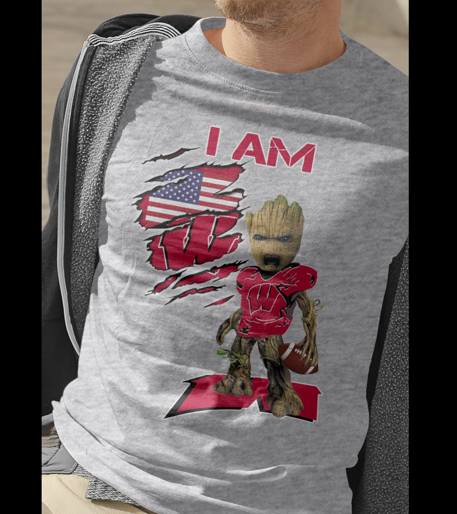 I Am Wisconsin Baby Groot Football W Logo American Flag T-Shirt