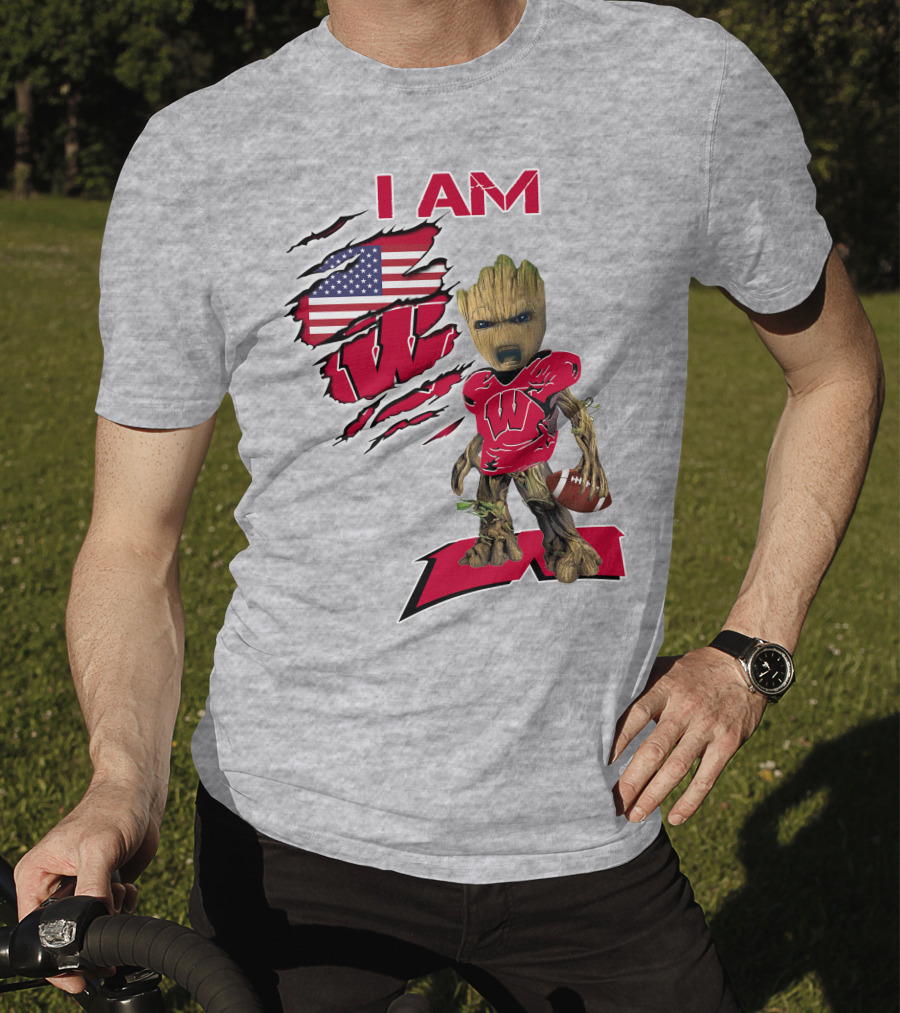 I Am Wisconsin Baby Groot Football W Logo American Flag T-Shirt